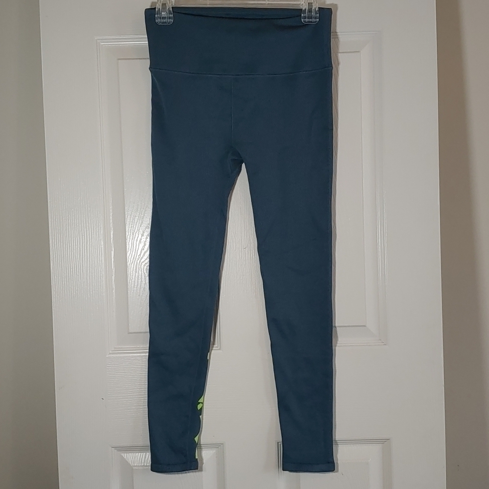 Fabletics High Waist Ribbed Leggings Blue Green Size M